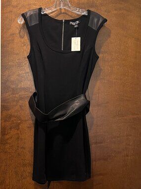 NWT Guess Los Angeles Little Black Dress Faux Leather Belt Scoop Bodycon Size M